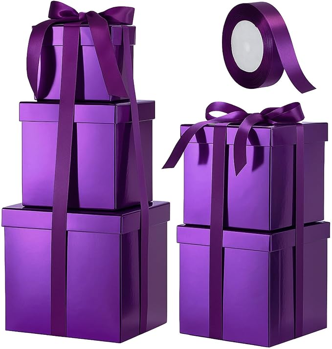 Cholemy 5 Pcs Square Nesting Boxes Decorative Gift Boxes with Lid and Ribbon Assorted Sizes Wrap for Wedding, Thanksgiving, Christmas, Anniversary, Birthday, Bridal Party(Purple)