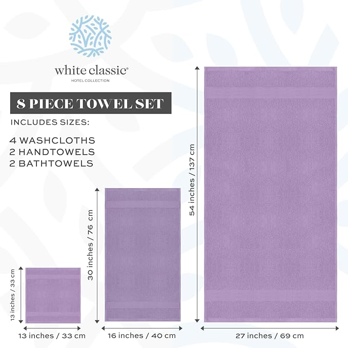 White Classic Luxury Bath Towel Set of 8 Pieces - 100% Turkish Cotton Highly Absorbent Towels for Bathroom, 2 Luxury Bath Towels 700GSM, 2 Hand Towels, 4 Washcloths, Lavender