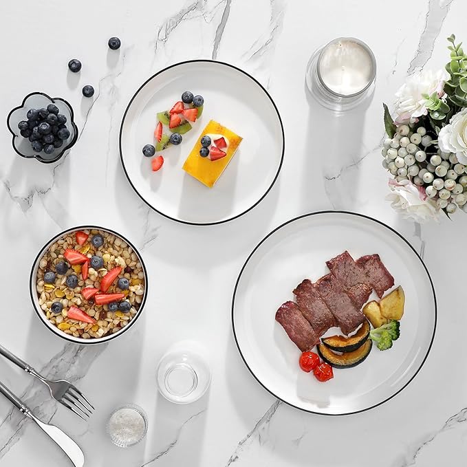 MALACASA Plates and Bowls Sets, 18 Pieces Modern Porcelain Dinnerware Set for 6 White Kitchen Dinner Ware Set wtih Black Rim Ceramic Dishware Dishes Microwave and Dishwasher Safe, Series LUNA