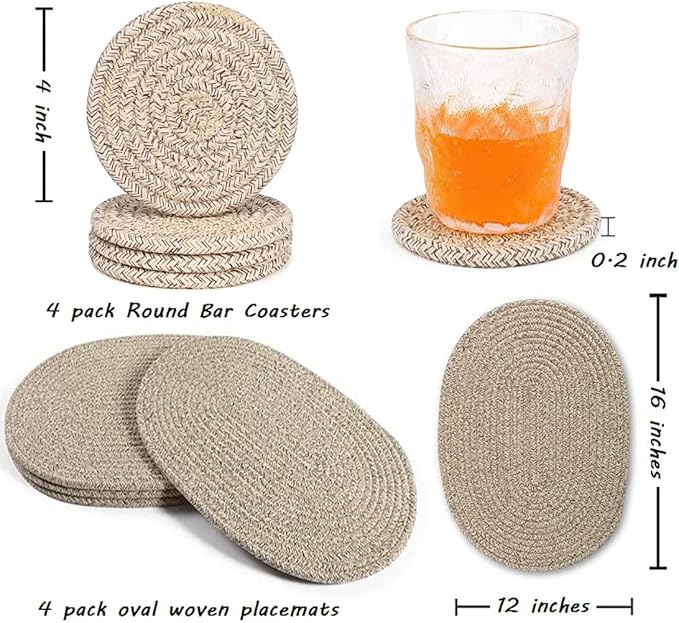 4 Pack Oval Woven Placemats, Mix Brown Cotton Plate Chargers with 4 Pack Round Coasters, Thick Heat Insulation Mats Household Table Mats Braided Bowl Mats Fabric Rustic Placemats for Dining