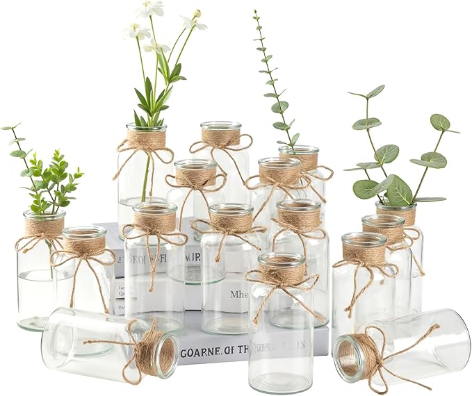 Vintage Glass Flower Vase Bulk 16 Pack Farmhouse Transparent Centerpiece Vases with Hemp Rope Mason Jars for Weddings Parties Dining Table Home Decor（Large）