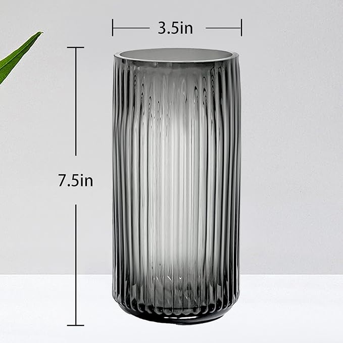 Muyan 7.5" Flower Vase for Decor Ribbed Glass Vase Modern for Centerpieces Desktop Home Office Dining Living Room Wedding (Gray)