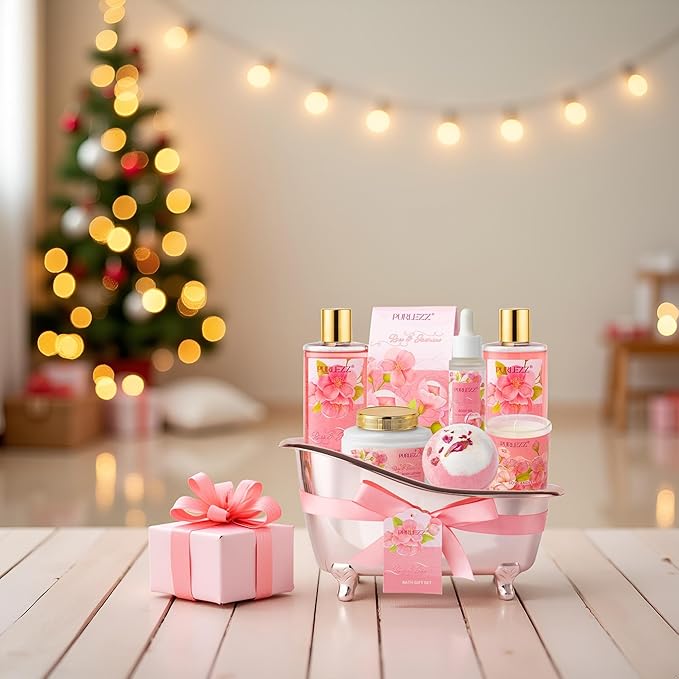 Rose & Jasmine Floral Luxury Bath & Body Gifts - Spa Basket with Body Lotion, Soy Candle - Home Bath Gift Set for Women
