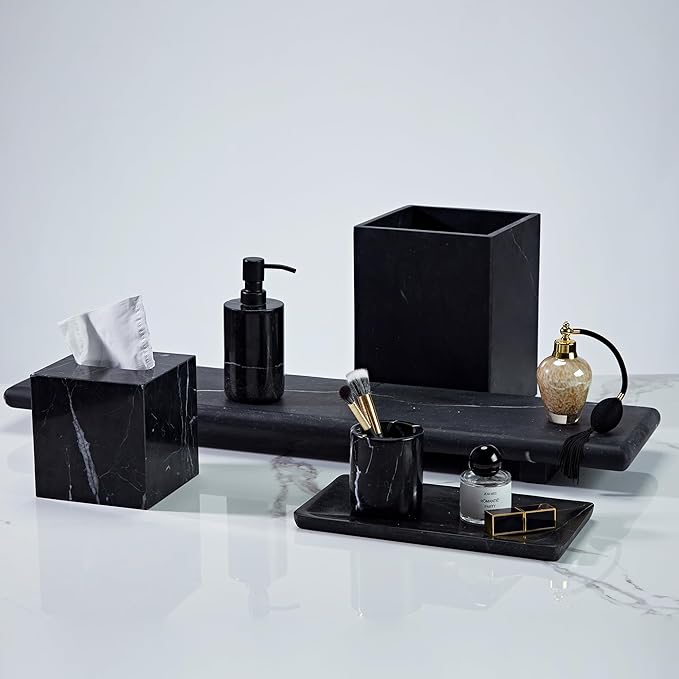 Black Marble Tray for Bathroom, Organic Natural Texture Catchall Tray for Dresser, 12 x 6 x 0.75 Inch Rectangle Elegant Jewelry Storage Platter, Marble Countertop Organizer for Home Decor