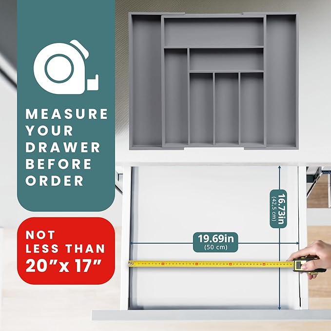 Sben Expandable Drawer Organizer for Utensils Holder, Adjustable Cutlery Tray, Wood Drawer Dividers Organizer for Silverware, Flatware, Knives for Kitchen (Gray)