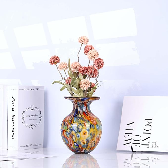 Hand Blown Glass vase, Colourful Glass Decorative vase, Glass Art vase for Bookshelf Coffee Table Floor Mantle Entry Table top TV Cabinet and Dining Table Centerpiece Decorative Flower vase. (Orange)