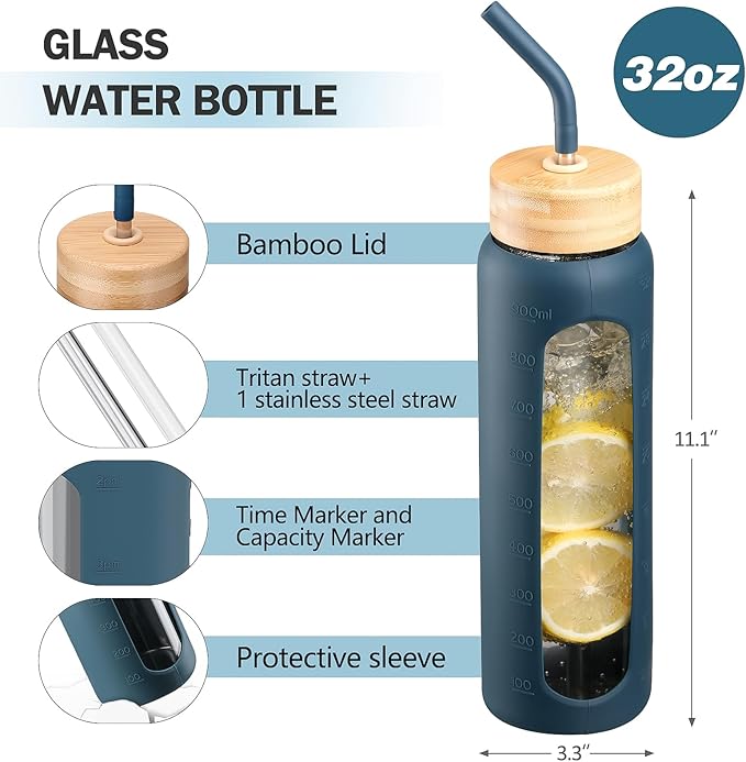 32oz Glass Water Bottle with Straw and 2 Lids- Bamboo and Spout Lid,Motivational Sports Water Bottle with Silicone Sleeve and Time Marker,Reusable for Gym, Outdoors,Dark Blue