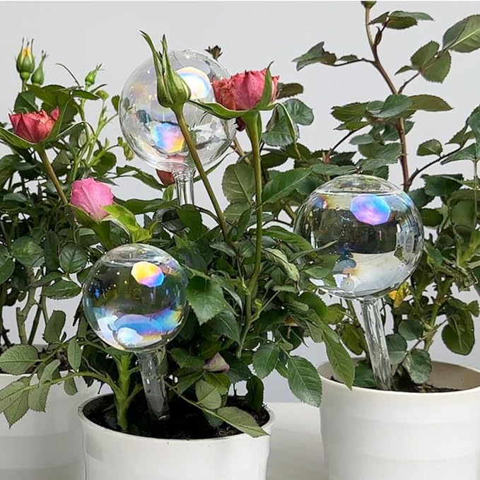 13 oz Up to 15 Days Extra Large Plant Watering Globes 2PCS, Light Iridescent Glass Self Water Bulbs for Indoor Outdoor Plants, Vacation Automatic Planter Waterer System Self-Watering Stakes