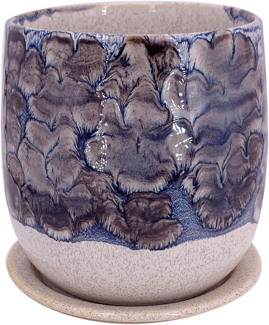 6 in Ceramic Plant Pot with Saucer，Indoor Plant Pot for Plants, Flower Pot with Drainage，Reactive Glaze Grey