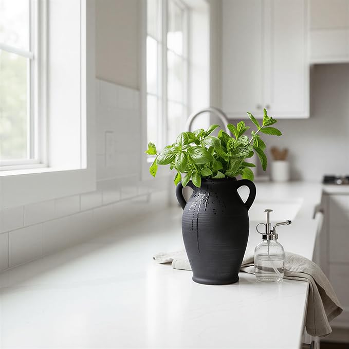 8.1-Inch Black Ceramic Flower Vase with Handles, Rustic Farmhouse Boho Pottery Centerpiece for Table, Living Room & Shelf