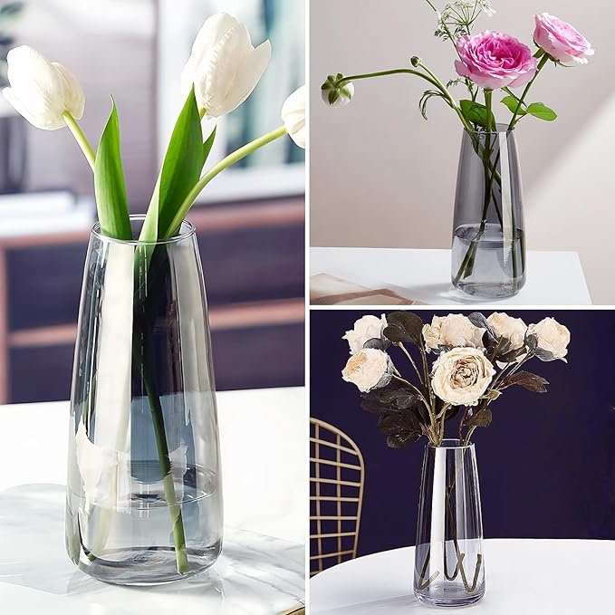 Crystal Clear Glass Vase, Flower Vase for Table Centerpiece Home Decor, Modern Vases for Living Room, Wedding, Office, Coffee Table, Birthday Housewarming Gift, 8.3inch (Gray)