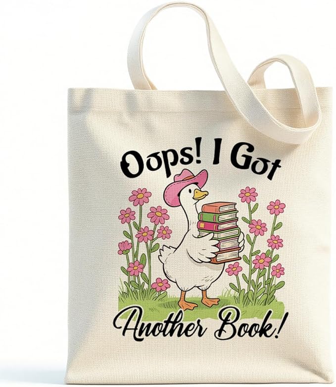 Oops I Got Another Book Women Canvas Tote Bag, Cute Goose Theme Reusable Bag for Shopping Grocery, Appreciation Christmas Birthday Gifts for Teacher Librarian Render Mom Book Lover Bookworm