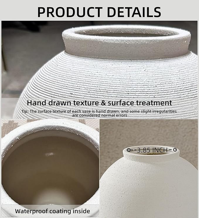 Large White Ceramic Vase, 9.8 inch Round Minimalist Textured Vase, Rustic Farmhouse Decor for Home, Living Room, Shelf, Table, Wedding & Entryway Decoration (Sandstone White)