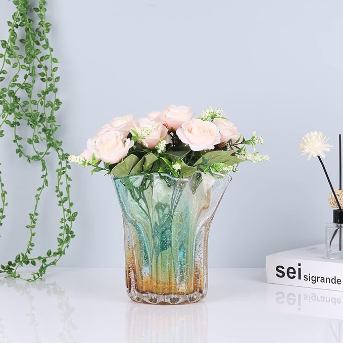 Hand Blown Glass vase, Wide Mouth Petal vase, Colorful Modern Glass Art Home Decor vase for Family Living Room, Wedding Scene, Dining Table Center, Entrance Table top