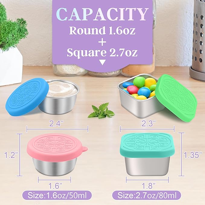 6 PCS Salad Dressing Container to Go,Handy Leakproof Stainless Steel Meal Prep Containers Reusable,Sauce Containers for Lunch Box, Picnics, Travel, Office and Kitchen Storage-1.6oz+2.7oz