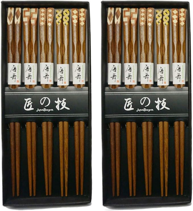 JapanBargain 4515, Ironwood Chopsticks Reusable Japanese Chinese Korean Wood Chop Sticks Hair Sticks 5 Pair Gift Boxed Set Dishwasher Safe, 9 inch, Brown, 2-Pack
