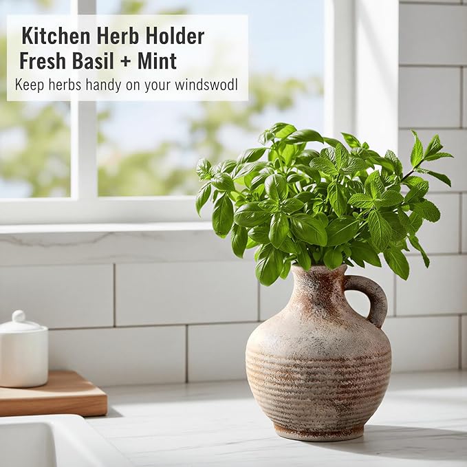 6-Inch Terracotta Ceramic Flower Vase with Handles, Rustic Farmhouse Boho Pottery Centerpiece for Table, Living Room, Shelf & Mantel