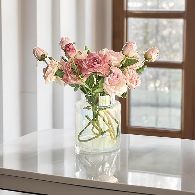 BLOFLO Iridescent Glass Vase, 7 Inch Large Glass Vase for Flowers, Modern Thick Glass Flower Vases for Centerpieces, Decorative Glass Cylinder Hydroponic Vase for Wedding, Home, Office