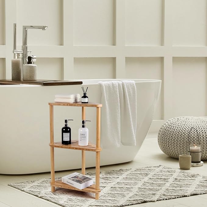 Bamboo Corner Shower Caddy Stand 3-Tier Waterproof,Free Standing Corner Shelf Shower Stool Organizer for Inside Shower,Space-Saving Storage Shelf with Anti-Slip Feet