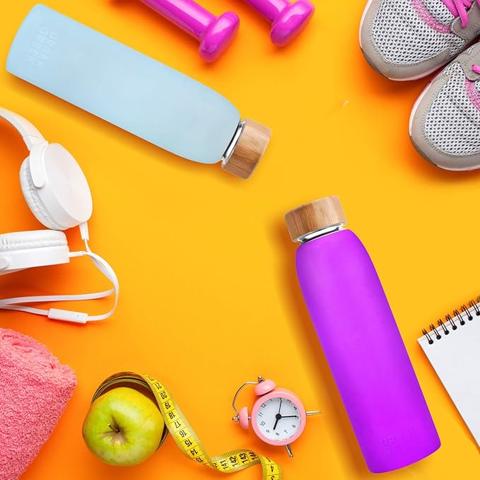 Glass Water Bottle with Protective Silicone Sleeve and Bamboo Lid by Urban green, 18oz, 1extra 304 Stainless Steel Lid with Handle, BPA Free, Dishwasher Safe, Gift Box, Mother's Day Gift