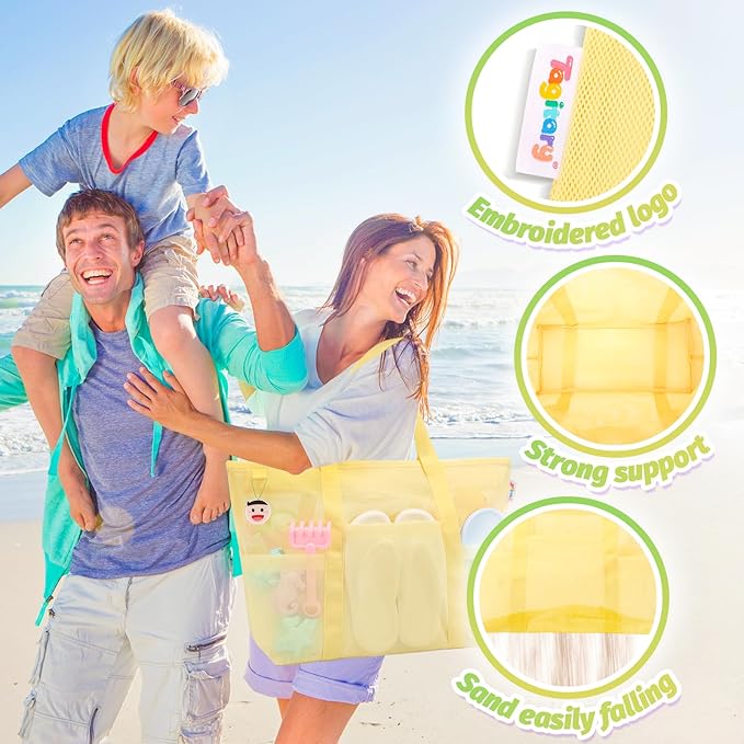 Tagitary Mesh Beach Bag with Zipper Large Beach Tote Waterproof Sandproof with 8 Pockets for Toys Pool Bag Beach Accessories