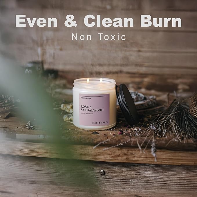 Hidden Label Rose & Sandalwood Scented Candle, 12oz 2 Wick Natural Soy Non Toxic Candles, Clean Burning Long Lasting Aromatherapy for Home | Gifts | Décor,Premium Scents for Relaxation & Stress Relief