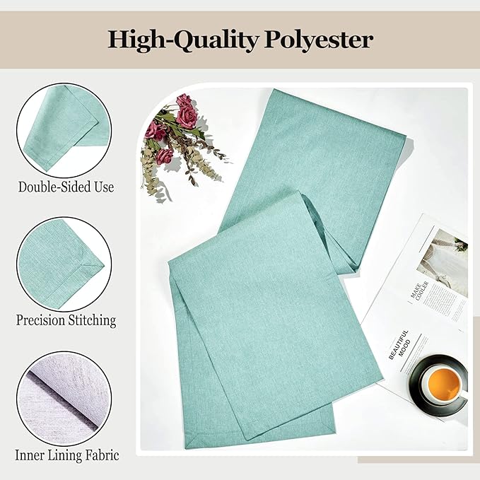 Mebakuk Linen Farmhouse Table Runner Large Burlap Style Soft and Waterproof Decorative Fabric Runner for Outdoor Wedding and Dinner (14 x 90 Inch, Turquoise Blue)