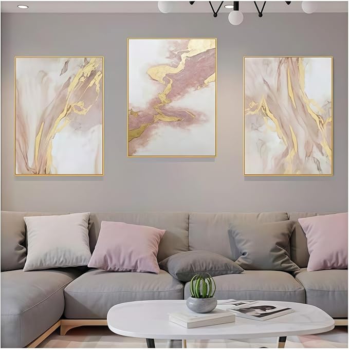 Pink Abstract Canvas Wall Art For Living Room, Large Gold Abstract Painting Water Flow Shape For Bedroom, Framed Modern Wall Pictures for Home Decor Ready to Hang 28x60 inches