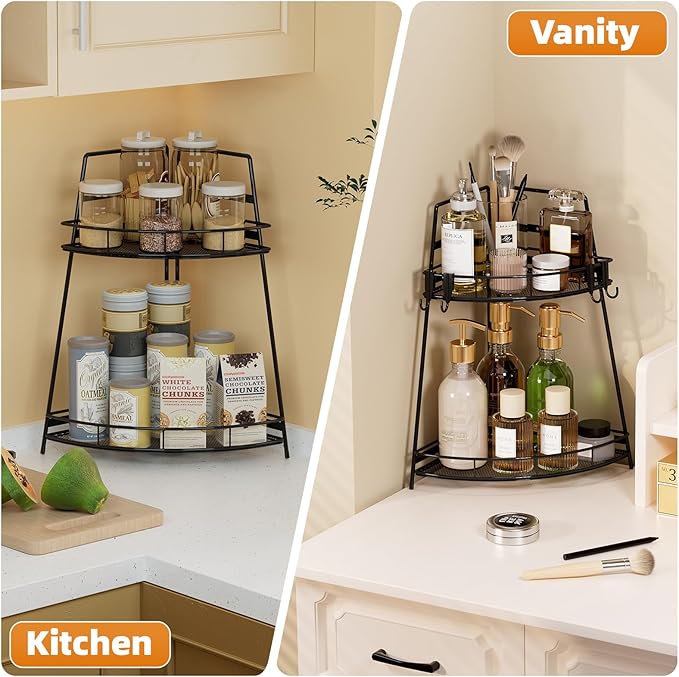 VITVITI 2 Tier Corner Bathroom Counter Organizer, Metal Bathroom Countertop Organizer Shelf Storage, Bath Room Sink Makeup Organizers for Vanity Perfume Skincare with Hooks, Black