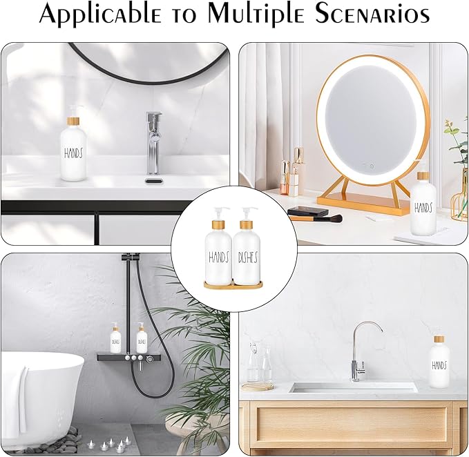 Arktek Glass Soap Dispenser Set with Tray, 2 Pack Hand and Dish Soap Dispenser Set for Bathroom and Kitchen Bottle Dispenser with Dish Soap, Hand Soap, Lotion 17 Oz (2 White)