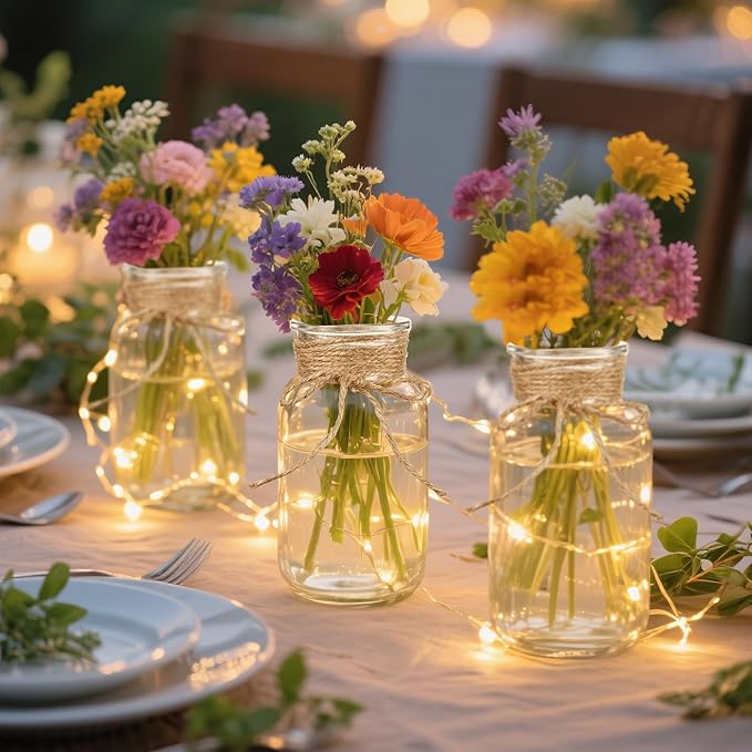 Vintage Glass Flower Vase Bulk 16 Pack Farmhouse Transparent Centerpiece Vases with Hemp Rope Mason Jars for Weddings Parties Dining Table Home Decor（Large）