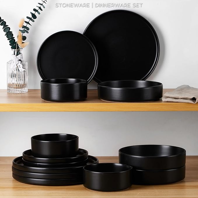 Onader Stoneware Dinnerware Set for 2 with Pasta Bowl, 8 Piece Plates and Bowls Dish Dinner Set, Microwave & Dishwasher Safe - Ebony Black