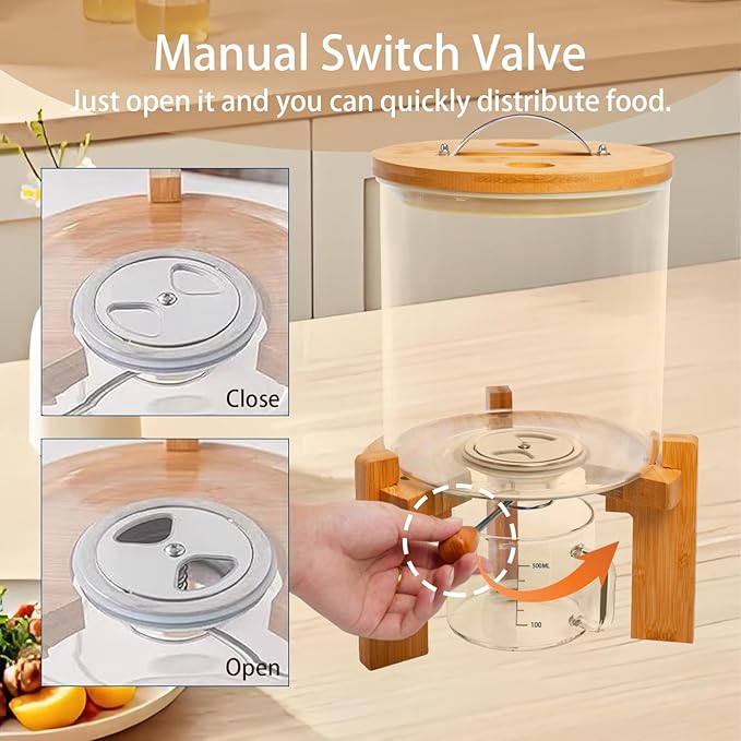 Rice Dispenser, Rice Storage Container, Flour and Cereal Container for Kitchen Organization and Pantry Store, Glass Cereal dispenser with Airtight Lid and Wooden Stand 5L