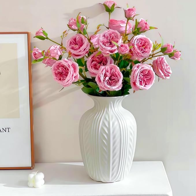 Matte White Ceramic Flower Vase, 10 Inch Unique Wheat Ear Textured Modern Large Vases for Trendy Home Decor Living Room Entryway Shelf Office Rustic Table Centerpiece (Matte White)