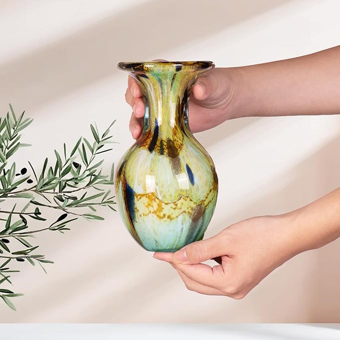 KAMMAK Colored Glass Vase, Beautiful Hand Blown Decorative Vase, Modern Art Vase for Flower Mantle Dining Table Centerpiece, Entryway Living Room Wedding Decoration, FH001