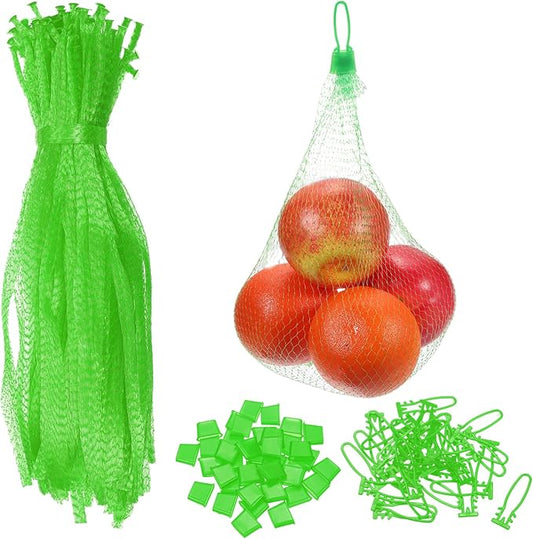 uxcell 100 Pcs Reusable Mesh Produce Bags, 35cm/14 Inch Washable Net Storage Bags Reusable Grocery Reusable Storage Bags with Plastic Buckle for Fresh Fruit Vegetables Seafood, Green