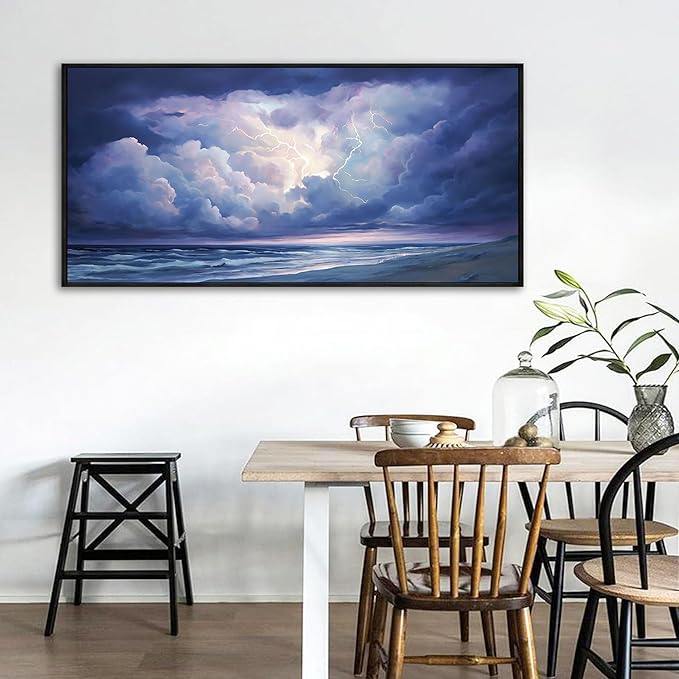 yiijeah Living Room Wall Decor - Modern Wall Art for Bedroom Office Decor Large Abstract Thundercloud Beaches Coast Painting Framed Canvas Prints Ready to Hang Wall Pictures Home Decor