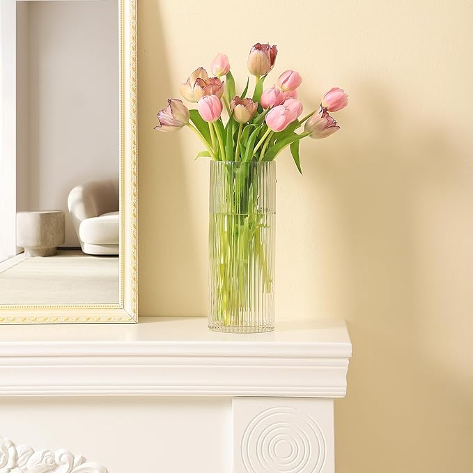 Clear Glass Vase, Glass Flower Vase, Ribbed Glass Vase, Clear Vase, Tall Cylinder Glass Vases for Centerpieces, Living Room, Dining Table, Office, Wedding, Bookshelf Decoration, 9.8 Inches