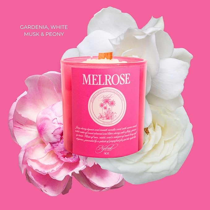 Nylrak™ Melrose Hydrating Body Oil Candle, Cherry, Vanilla and Rose Scent, Soy and Coconut Wax with Natural Wood Wick, Melts into a Moisturizing Body Oil, Vegan and Cruelty Free (Small, 9, Ounce)