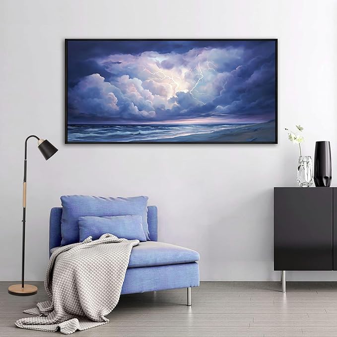 yiijeah Living Room Wall Decor - Modern Wall Art for Bedroom Office Decor Abstract Thundercloud Beaches Coast Painting Framed Canvas Prints Ready to Hang Wall Pictures Home Decor