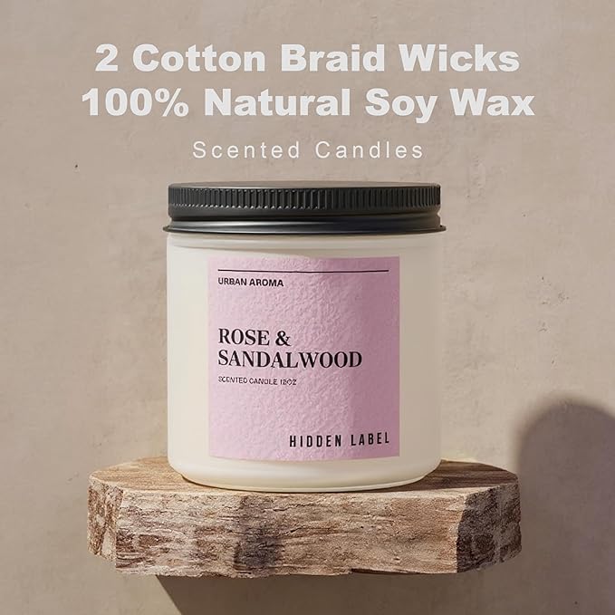 Hidden Label Rose & Sandalwood Scented Candle, 12oz 2 Wick Natural Soy Non Toxic Candles, Clean Burning Long Lasting Aromatherapy for Home | Gifts | Décor,Premium Scents for Relaxation & Stress Relief