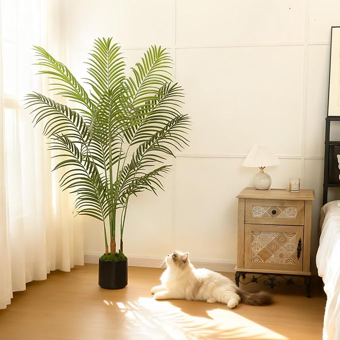 5FT Artificial Palm Tree, Tall Fake Tropical Areca Plant with Black Round Planter for Indoor Outdoor Home Decor, Realistic Faux Palm Tree for Living Room, Office, Porch, Garden