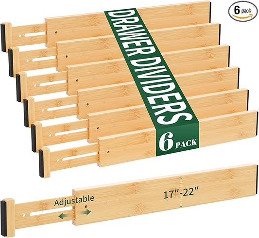 6 Pack Bamboo Drawer Dividers 2.6" High,17-22" Adjustable Spring Loaded Clothes Drawer Organizers for Kitchen, Dresser, Bathroom, Bedroom and Office