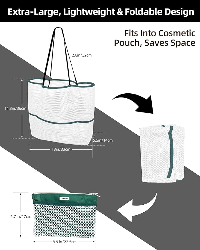 Mesh Beach Tote Bag Packable,2025 New 2-in-1 Large Lightweight Foldable Beach Bags with Multiple Pockets for Women