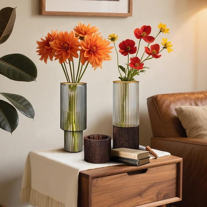 Ribbed Glass Vase Set of 2 Vases for Flowers,10" H Wood Glass Vase with Solid Wooden Base,Rustic Flower Vase for Home Decor,Living Room,Bedroom,Kitchen,Dining Table,Fireplace,Office(Gray & Clear)