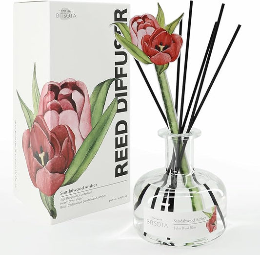 Sandalwood Amber Reed Diffuser Set, Large 9.85oz (280ml) Aroma Scented Oil Diffuser with Sticks, Long-Lasting Home Fragrance for Bedroom, Bathroom & Office Decor, Ideal Gift for Women