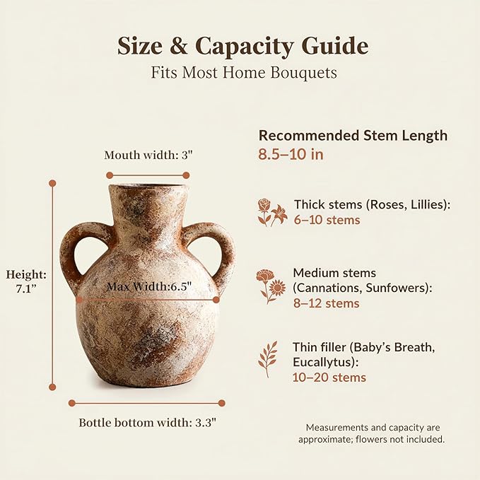 7.1-Inch Terracotta Ceramic Flower Vase with Handles, Rustic Farmhouse Boho Pottery Decor for Table, Living Room & Shelf