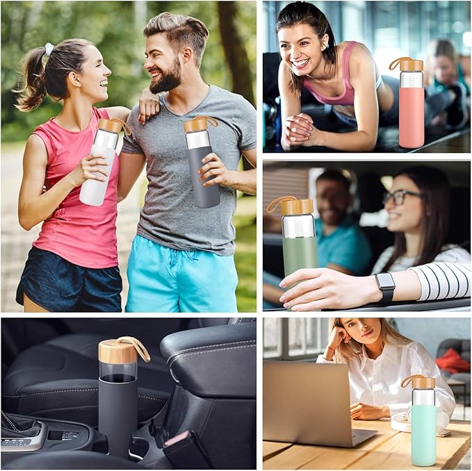 25 Oz Borosilicate Glass Water Bottles with Silicone Sleeve BPA Free, Dishwasher Safe - Reusable Clear Glass Drinking with Leak Proof Bamboo Lid | Perfect Gym Water Bottles for Men & Women