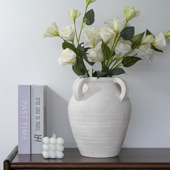Rustic White Ceramic Vase, Wide Mouth Terracotta, Antique Decorative Flower Vase with 4 Handles, 9.7 in