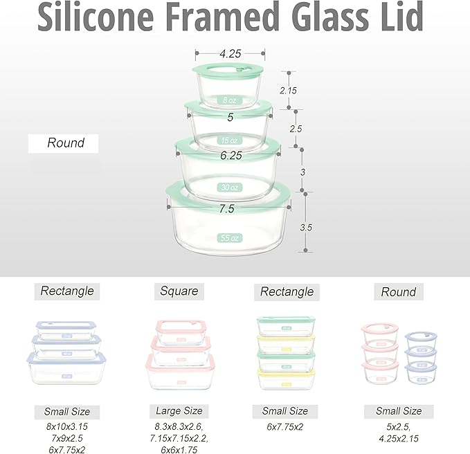 Urban Green Glass Food Container Set with Glass Lid, 4 Pack, Meal Prep Containers with Silicone Framed Airtight Lid, Leakproof, 100% Plastic Free,